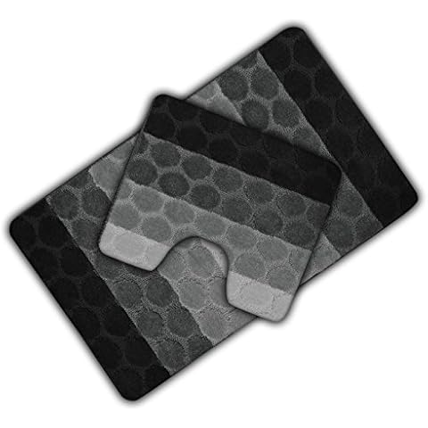 Velosso Non Slip Striped 2 Piece Bath Mat & Pedestal Mat Multi Hex Stripes (Grey) Cover