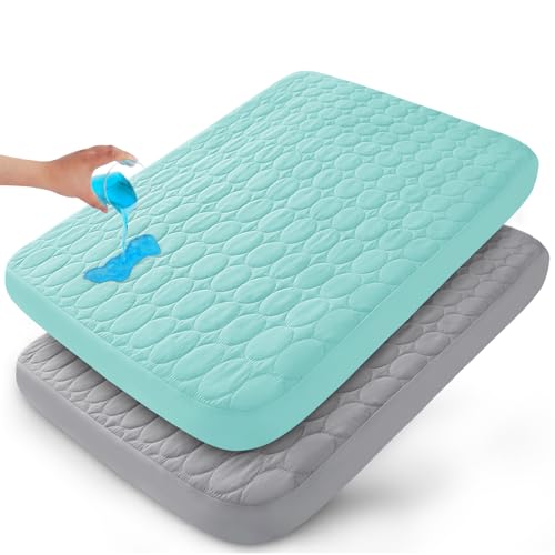 Image of Pack and Play Sheets Fitted Quilted Waterproof Protector, 2 Pack Playard Mattress Pad Compatible with Graco Pack n Play, Mattress Cover fits for Baby Playpen Mattress, Mini Crib, Gray & Aqua