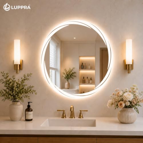 Image of 24x24 Inch Round Glass Wall Mounted LED Mirror with Smart Touch Sensor & 3 Color Lights (Warm, Cool, Natural) for Bathroom, Washbasin & Vanity (Spiral Round)