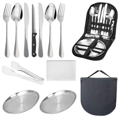 13-Stücke campingbesteck 2 personen,picknick set,edelstahl-gabeln-teller,messer und löffel,Inklusive tragbarer bestecktasche,wiederverwendbar,...