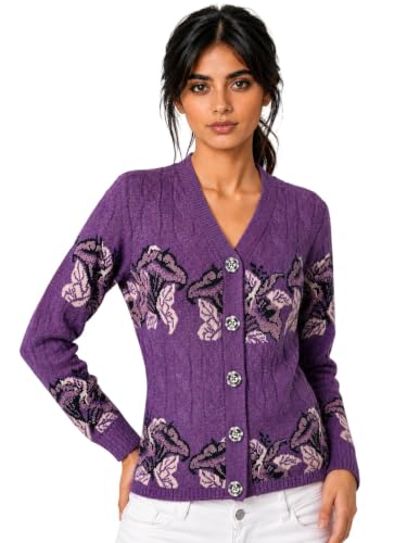 Image of Kalt Women Sweater for Winter Woolen Acrylic Full Sleeves V Neck Floral Design Cardigan Sweater for Women