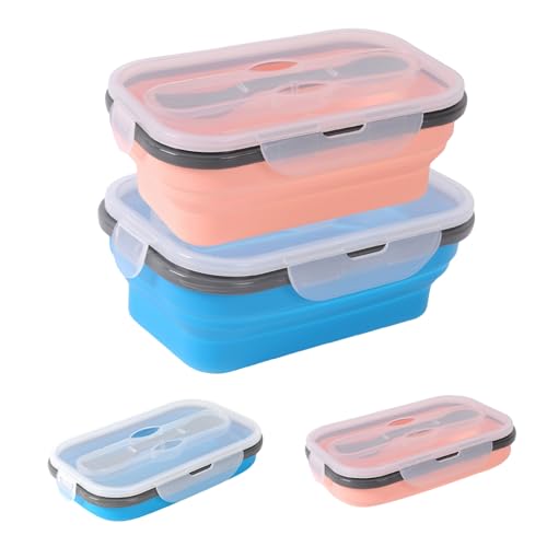2 Pièces Boîte à Lunch Pliante 900ml Rétractable Déjeuner Bento Box Stockage avec Couvercle Empilable Boîte Bento Anti-Fuite, Nourriture Silicone Pliable...