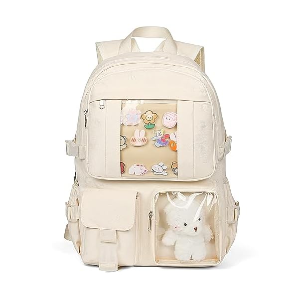 cotmcor Kawaii Backpack for Girls, Cute Aesthetic Backpack for School, Kawaii Bookbag with Pins Accessories and Pendant, Beige