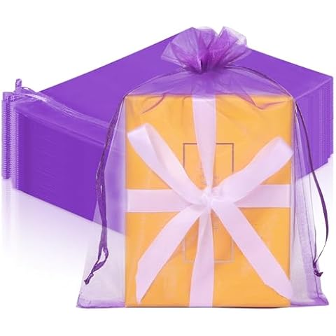 Hopttreely 100pcs Organza Gift Bags, 6x9inches Purple Large Mesh Gift Drawstring Bags for Christmas Wedding Shower Party Favors Jewelry Samples Cover