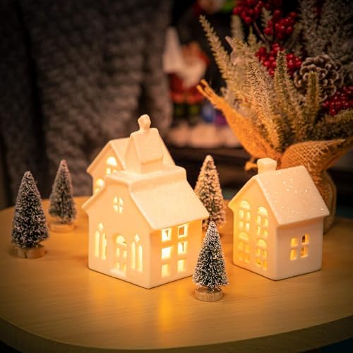 3-Piece LED Lighted Christmas Village Houses - White Resin Snow Village Set For Tabletop Decor