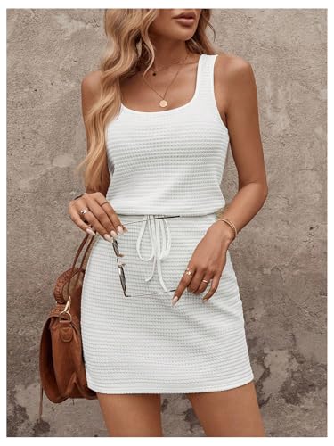 Image of RoseSeek Women's Waffle Knit Belted Tank A Line High Waisted Dresses Square Neck Sleeveless Summer Short Dress