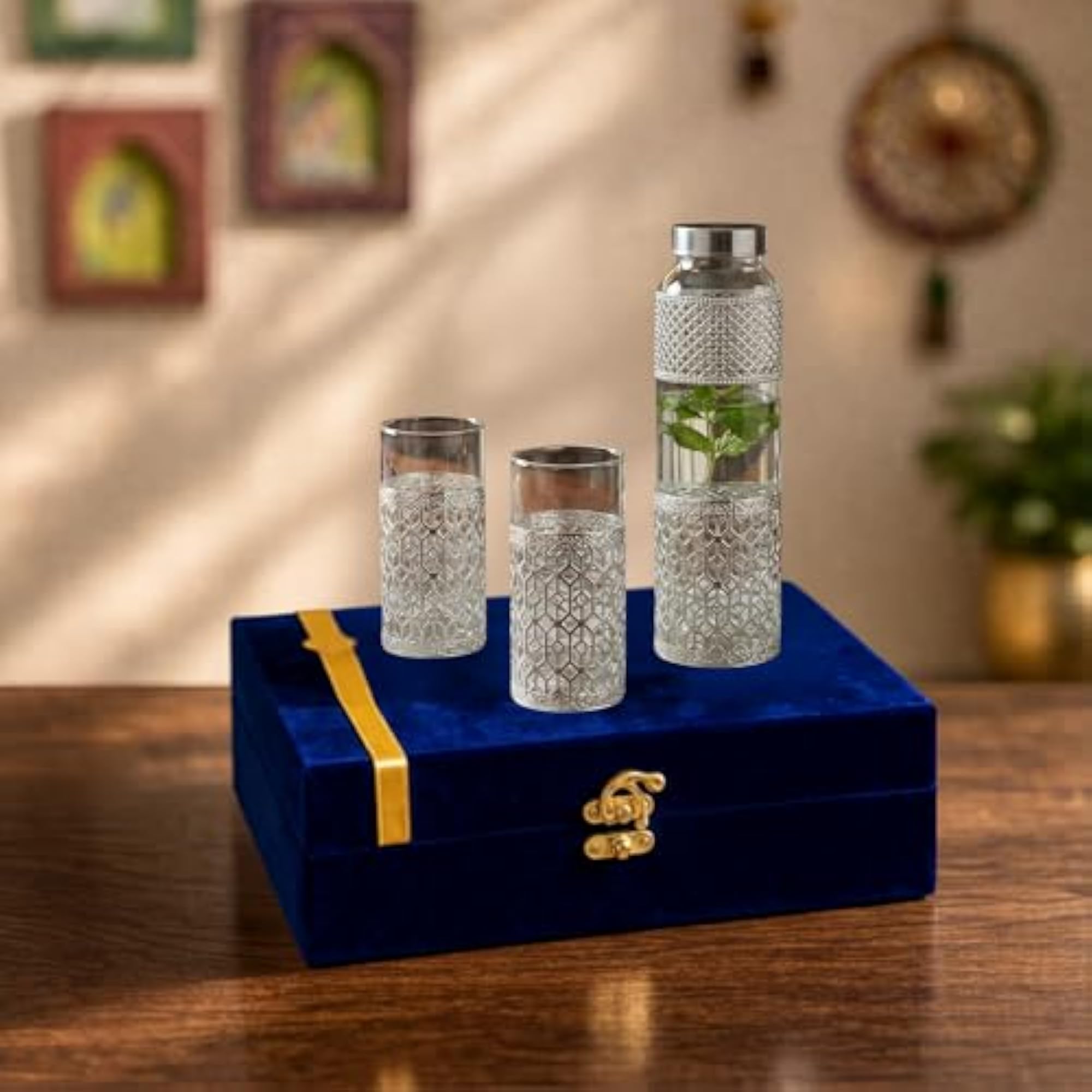 Royal Silver Plated Glass Water Bottle Set with 2 Glasses