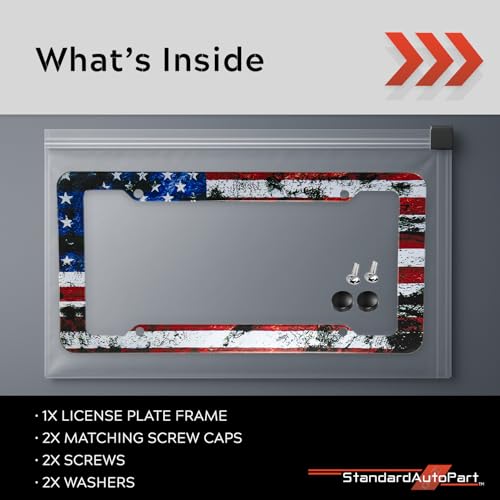 Image of StandardAutoPart American Flag License Plate Frames - Plastic USA Flag Car Tag Holder with Screws Caps and Patriotic Decals - Universal Fit (American Flag - 1 Pack)