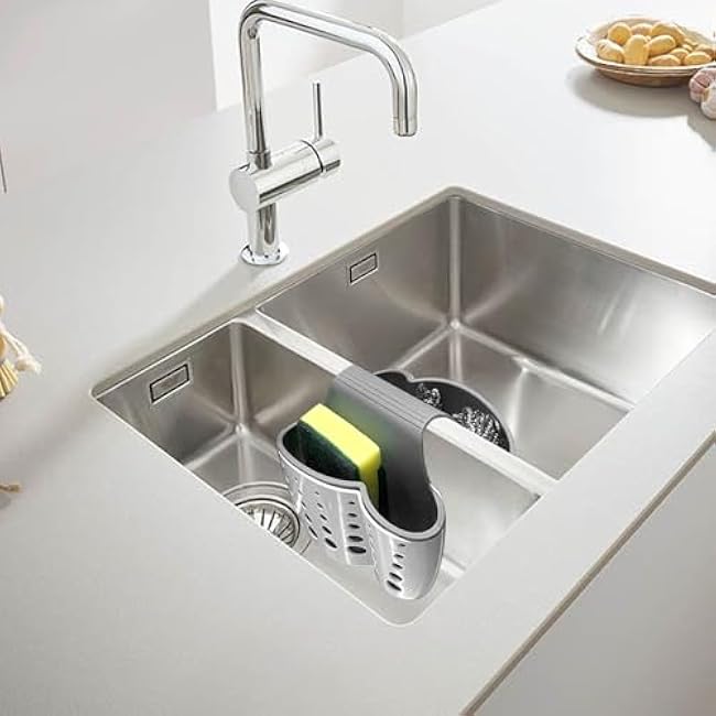 Sink Sponge Holder, Plastic Kitchen Sink Caddy, Saddle Faucet Sponge Caddy with Drain Hole, Kitchen Sink Sponge Holder for Brushes, Sponges, Soap, Utensils, Kitchen Sink Caddy