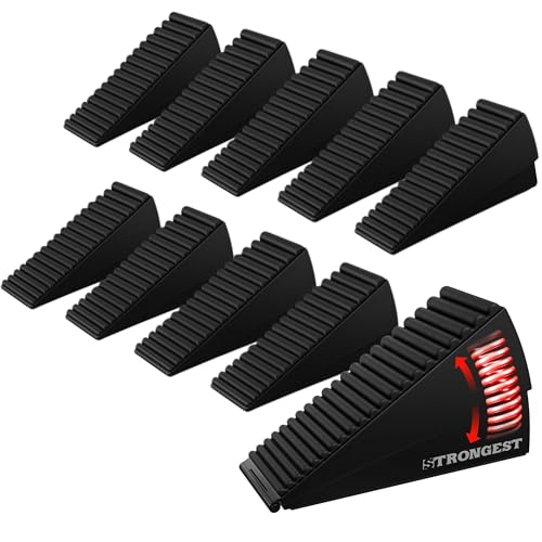 Image of STRONGEST HOME Stoppers for Bottom of Door - Heavy Duty Metal Rubber Door Stopper, Non-Slip Door Stop for Heavy Doors, Works on Wood, Tile & Carpet Floors Folding Black 10 PCs + White Wall Protectors