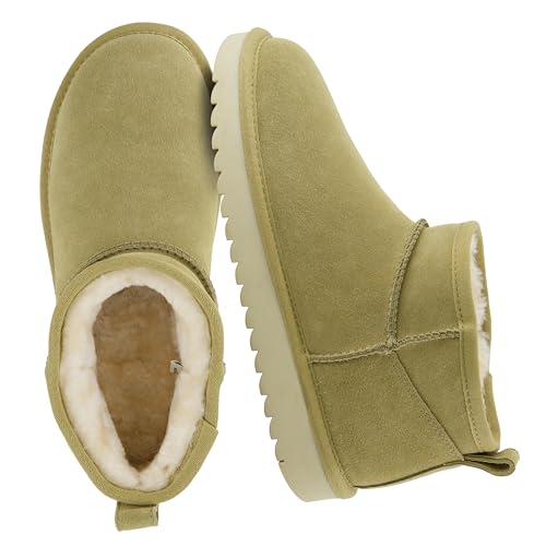 CUSHIONAIRE Hip 2 Genuine Suede Ankle Boots For Women, Cozy Faux Shearling Lining Pull On Winter Womens Boots, Khaki 11W