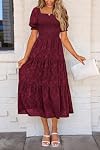 PRETTYGARDEN 2026 Été Casual Robes Midi Col carré Manche courte Smoquée Une ligne Florale Flowy Elegant Robe Boho pour femme
