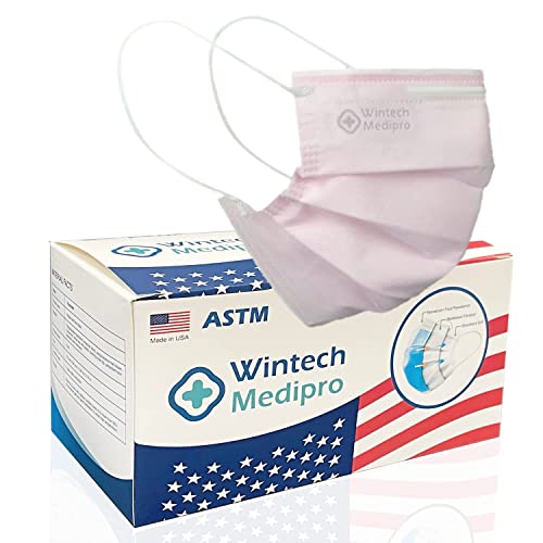 ASTM Level 2 Wintech Medipro Made in USA 3-Ply Disposable Face Masks PFE 99% Filter Tested by Nelson Labs Breathe Easy Safely Comfortable 50PCS/BOX (Pink)