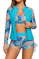 SHEKINI Frauen 3-teilige Rash Guard Langarm Badeanzüge mit Kordelzug Kurz (Hellblau + Blatt, Large)