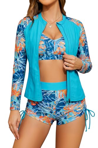 SHEKINI Frauen 3-teilige Rash Guard Langarm Badeanzüge mit Kordelzug Kurz (Hellblau + Blatt, Large)
