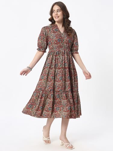 Image of PIDAVLIYA'S Women's Floral Summer Maxi Dress I Cotton Printed I One Piece Bodycon Midi Dress with V-Neck, Puffed Sleeves
