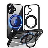 【360度回転スタンド・縦横両対応】KATSUTOYO iPhone17 用 ケース magsafe 黄ばみにくい 強磁力リング マグネット搭載 360°回転スタンド 縦横両対応 MagSafe対応 高耐久性 米軍MIL規格 耐衝撃 指紋防止 アイフォン17用ケース（6.3インチ）背殻クリア ブラック