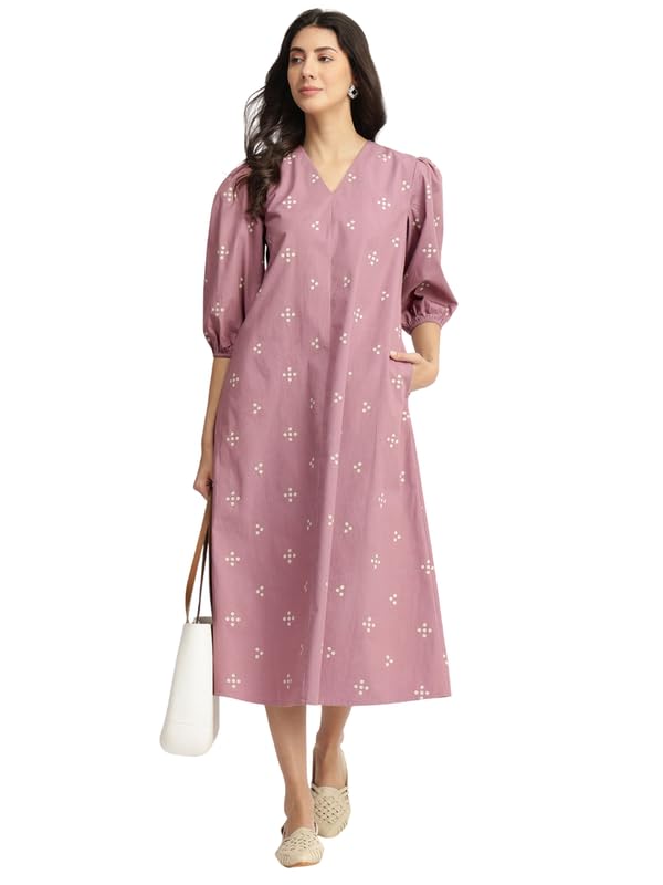 pink fort Casual Cotton Relaxed Dress | A-Line Fit 3/4th Puff Sleeves V-Neck-picture-53