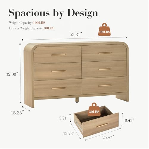 Image of Curved 6-Drawer Dresser for Bedroom, 54 inch Wide Modern Chest of Drawers, Vanity Desk TV Stand for Living Room, Closet Storage Drawers Organizer Furniture, Nursery, Hallway, Gray Oak