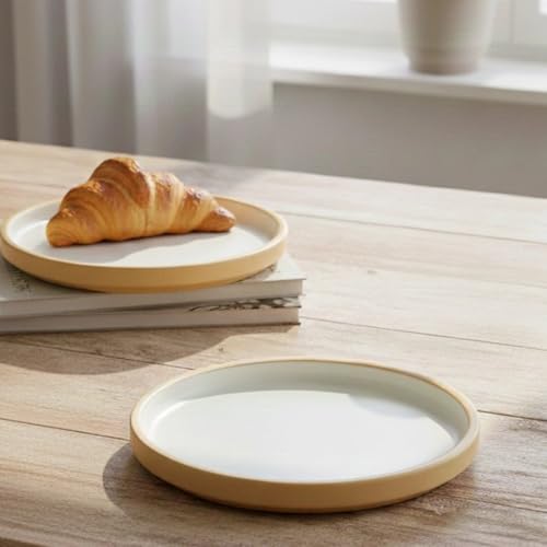 Image of BLACKCARROT Ceramic Quarter Plates Small Dinner Plates Set of 6 Handcrafted Stoneware Beige and White | Serving Platter for Snacks & Dessert Microwave and Dishwasher Safe -Size 7.5 Inches