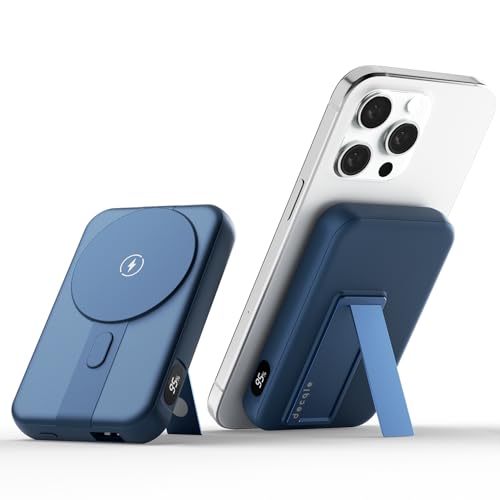 decqle 001 Magnetic Wireless Power Bank 10000mAh Foldable Stand Battery Pack Portable Charger Compatible with MagSafe for iPhone 12/13/14/15 Series (Blue)