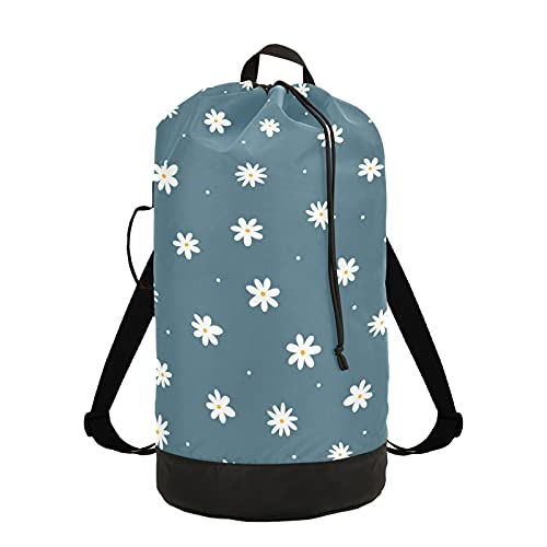 Flower Cute Laundry Bag Backpack with Shoulder Straps Daisy Dirty Clothes Organizer Extra Large Heavy Duty for Camp College Dorm Room Essentials for Girls