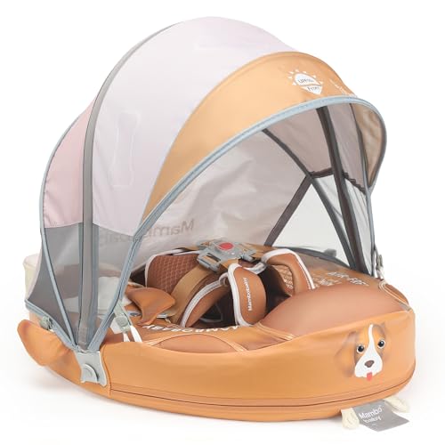 Image of Mambobaby Float with Canopy Baby Float Non Inflatable for Pool, Upgraded Tail Baby Swim Float Soft Skin-friendly Material Infant Swimming Float Air Free Smart Trainer for Aged 3-24 Months, Puppy Brown