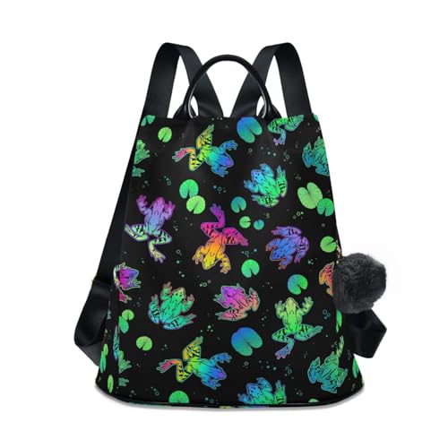 Image of Fustylead Neon Color Frogs and Water Lily Leaves Women Backpack Purse Anti-theft Lightweight Shoulder Bag
