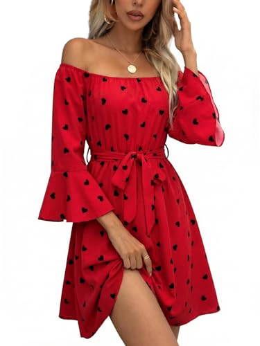 Image of Off Shoulder Ruffle Dress for Women, A-Line Mini Dress with Belt, Fitted Bust Summer Wedding Guest Dress