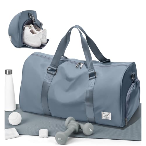 Gym Duffle With Shoe Compartment - Sports Travel Tote for Men and Women, Weekender Overnight Personal Item, Carry-on Workout Bag for Sports - Grey Blue