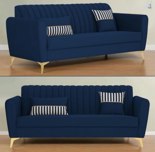 Image of Luxury 5 Seater Sofa Set (3+1+1) Blue Color - Premium Fabric Upholstery, Solid Wood Frame, Modern Living Room Furniture Sofa Set for Home & Office, Velvet Suede Fabric