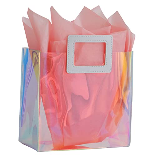 VUOJUR-83-Holographic-Small-Gift-Bag-with-Tissue-Paper-Reusable-Birthday-Gift-Bag-for-Girls-Women-Iridescent-Bachelorette-Wedding-Bridal-Bridesmaid-Tote-Gift-Bag-Pack-of-1-S-Glossy-Coral