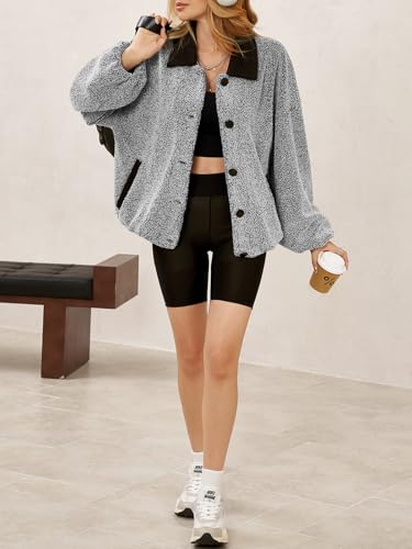 Cicy Bell Womens Oversized Fuzzy Fleece Jacket Button Down Patchwork Collar Sherpa Coats Fall Outerwear with Pockets4