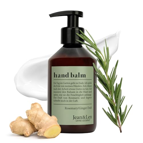 Jean & Len Hand Balm Rosemary & Ginger, con aceite de argán orgánico, manteca de karité y vitamina E para una piel suave, crema de manos hidratante para piel seca, aroma fresco aromático, 250 ml