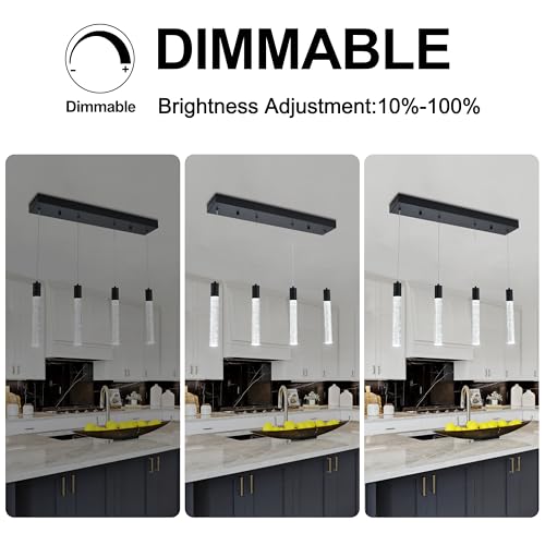 Image of 4 Light Pendant Lights Kitchen Island, Modern Matte Black Crystal Pendants with Dimmable 3000K-6000K LED Ceiling Hanging Light Fixture for Dining Room Bedroom, Adjustable Height 59 inch