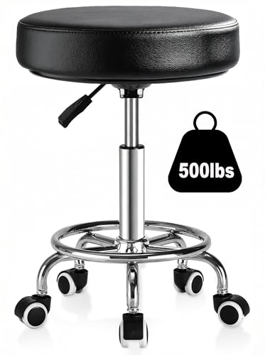 Image of Adjustable Rolling Stool with Wheels 500lb,Thick 9.5cm Cushion,30-Second Assembly,Heavy Duty Round Rolling Stool with Footrest,Patent Leather For Drafting Stool Chair Work Spa Salon Seat(Black)