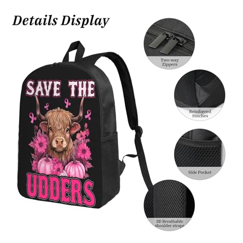 Highland Cow Breast Cancer Awareness 17 Inch Backpack Sets Lunch Bag Lightweight Daypack for Men Women 3Pcs3