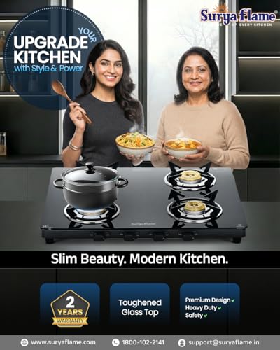 Image of Surya Flame Creta Series LPG 4 Burner Gas Stove | Brass Burners with Jumbo Option | Toughened Glass Top, Removable Drip Tray, Manual Ignition, 69%+ Efficiency, ISI Certified, 2-Year Warranty