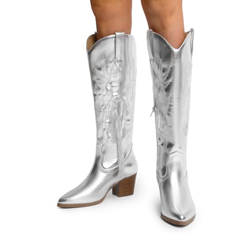 Image of DREAM PAIRS Cowboy Boots for Women Cowgirl Knee High Boots Comfortable Pull On Zipper Chunky Heel Pointed Toe Embroidered Western Boots