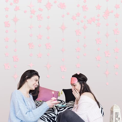 Image of Glitter Pink Number 16 Circle Dot Twinkle Star Garland Hanging Streamer Bunting Banner Backdrop Decorations for Girls Happy 16th Birthday Sweet Sixteen 16th Anniversary Cheers to 16 Years Party Decor
