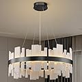 Adjustable Alabaster Round Chandelier - 31.5in Modern Luxury Round Fixture with Organic Veins, Dimmable Warm Glow - Spanish Natural Stone Ceiling Light for Living Room, Bedroom, Foyer,Dining Room