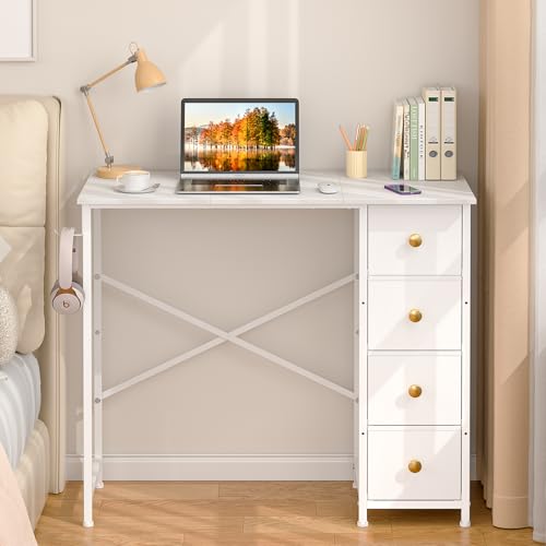 Small White Desk with Drawers for Bedroom, 35.4 Inch Kids Girls Teens Student Writing Desk with...