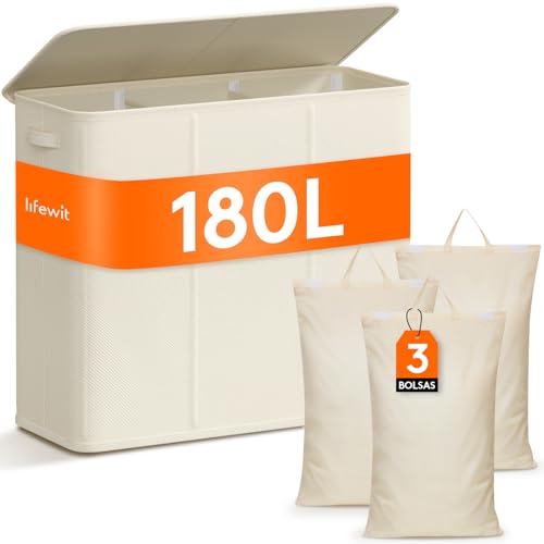 Lifewit 180L Cesto Ropa Sucia 3 compartimentos con Tapa, Grande Cubo Ropa Sucia con 3 Bolsas Para Colada Extraíbles, Cesto Ropa Sucia con Asas para Dormitorio Baño Lavanderia, Blanco