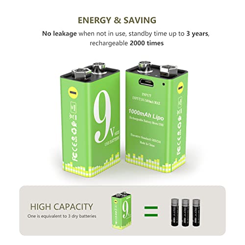 9V Rechargeable Battery Pack,2-Pack 1000Mah Li-Ion Usb Battery With Micro Usb Port For Alarms Fire, Multimeters,Wireless Microphones,Smoke Detectors,Toys,Flashlights,Guitar,Keyboard,Metal Detectors #TOP3