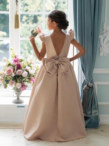 Satin Ruffle Sleeve Flower Girl Dress for Wedding Bow Knot Crew Neck V-Back Long Ball Gowns Pageant Princess Dress2