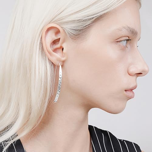 Hoops & Loops 925 Sterling Silver High Polished Hammered Long Flat Bar Threader Drop Earrings for Women, Silver, Yellow & Rose Gold2