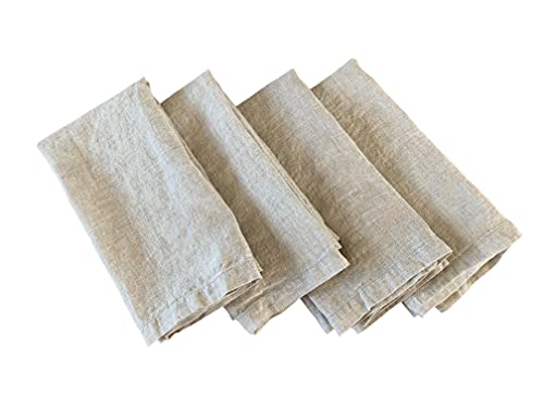 Linen Napkins – 100% French Flax – Stonewashed Pure Linen Cloth Napkins – Mitered Corners – Set of 4 (Natural)