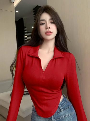 Image of Istyle Can Women's Top Solid Long Sleeve Ribbed Asymmetric Hem Casual T-Shirt with Zipper Collar. Full Sleeve, Rib Knit, Plain, Slim Fit