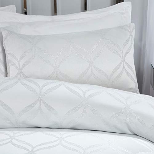 Sleepdown Super Soft Curved Geometric Luxury Lurex Jacquard White Easy Care Cosy Duvet Cover Quilt Bedding Set with Pillowcases - Double (200cm x 200cm)