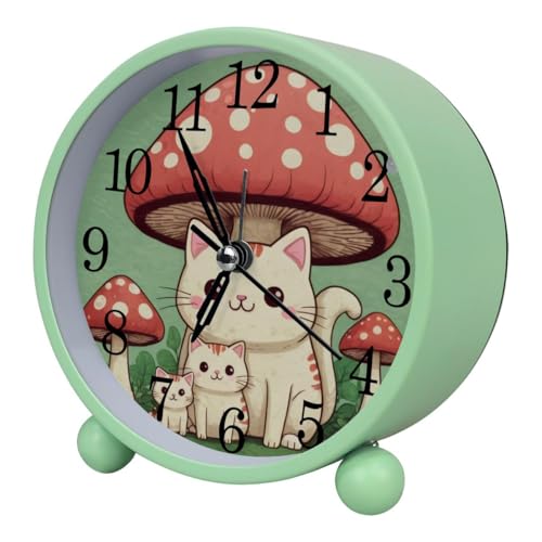 Luoweisi Reloj despertador con diseño de gatos, silencioso, sin tictac, con luz nocturna, reloj despertador redondo de metal para oficina, funciona con pilas, dormitorio, ancianos, adultos, niños